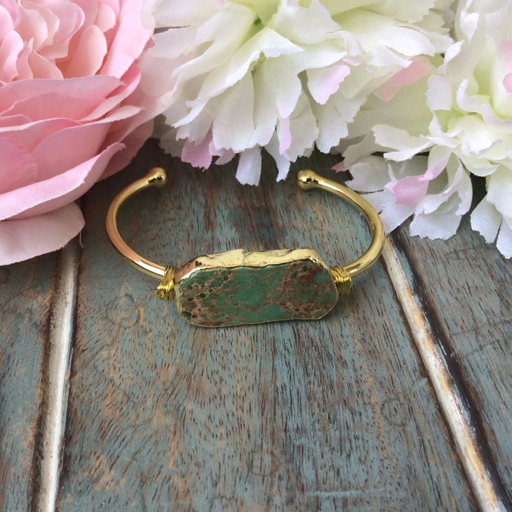 18K Gold Natural Sea Jasper Stone Cuff Bangle - Picture 3 of 9